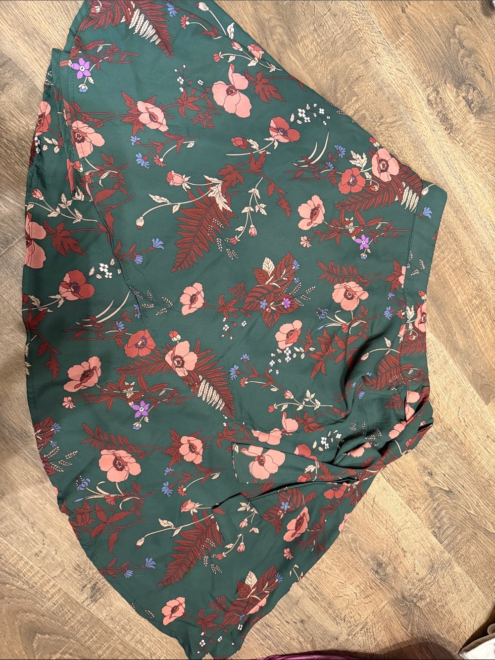 Blue Rain Forest Green Floral Circle Skirt with Coral & Rust Blooms